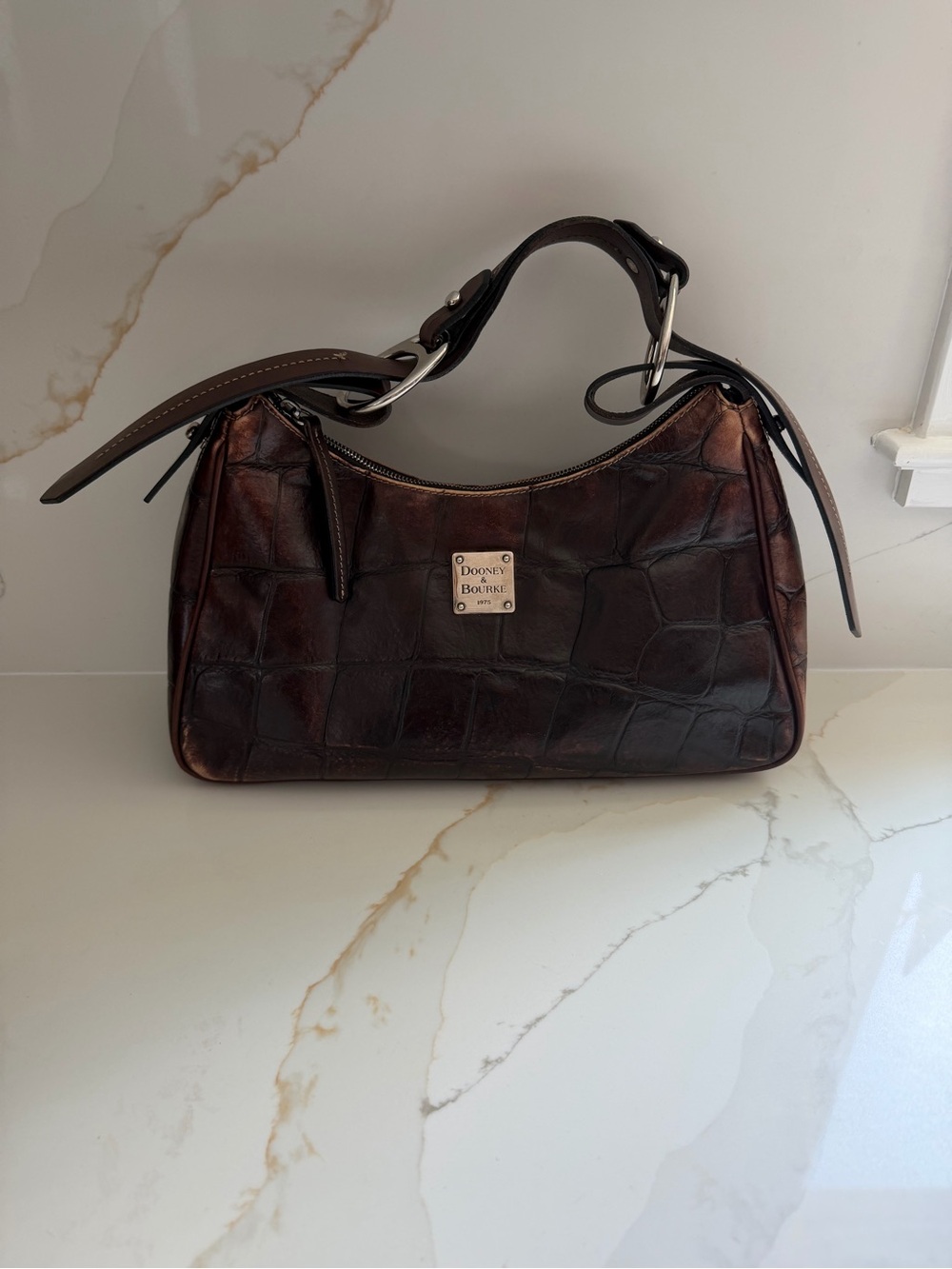 Dooney & Bourke Vintage Harrison Dark Brown Croc-Embossed Leather Shoulder Bag